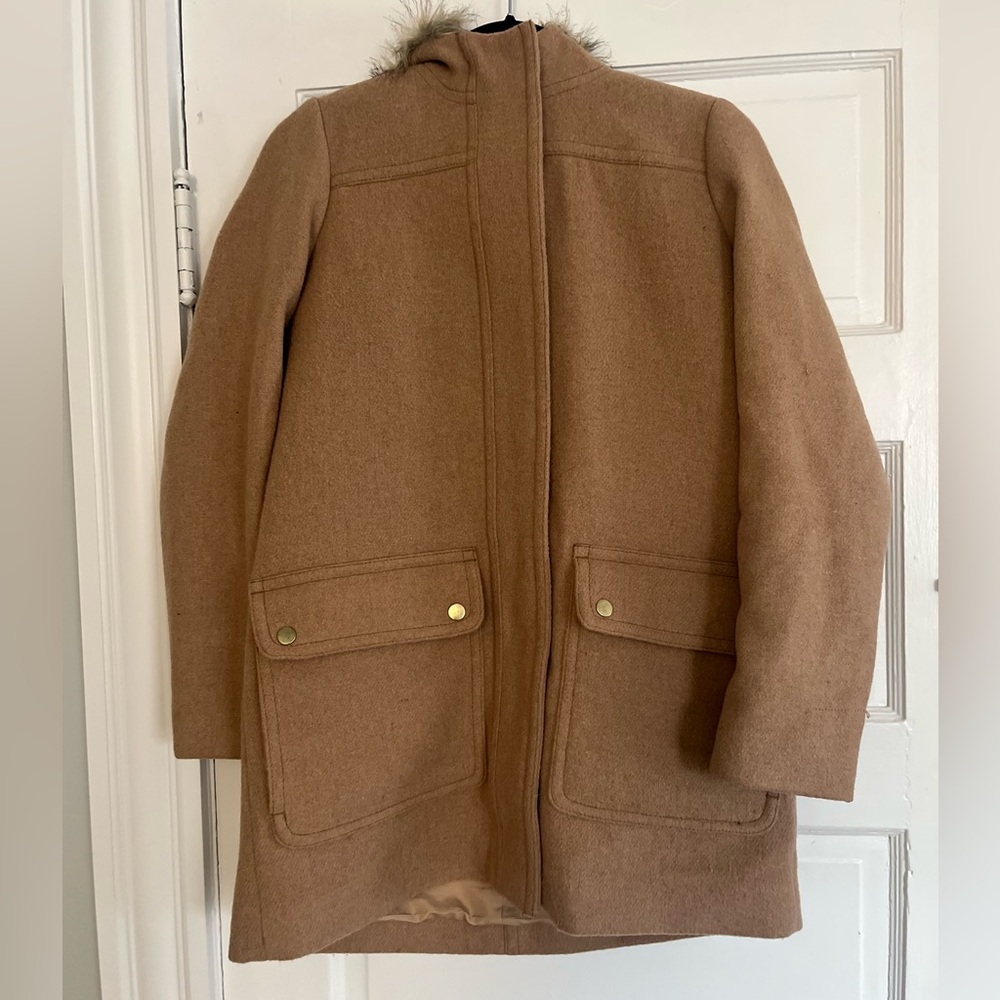J Crew Mercantile Classic Tan Wool-Blend Coat with Front Pockets and Hood